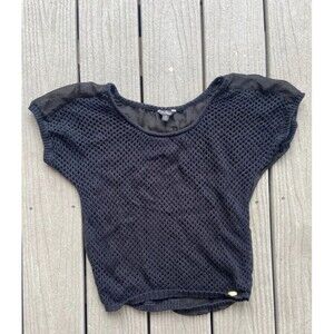 GUESS Women’s Small Black Open Knit Sheer Chiffon Top Short Sleeve Y2K Style